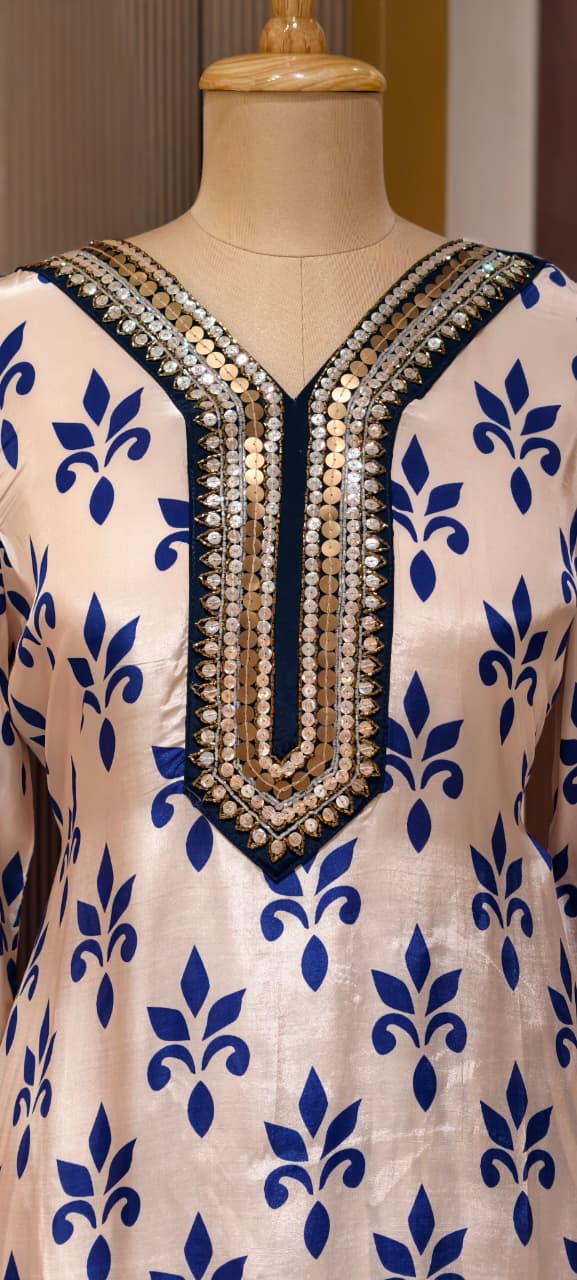 Pure Crepe Placement Print Stylish Neckline Kurta Pant Set- 14321 RB223