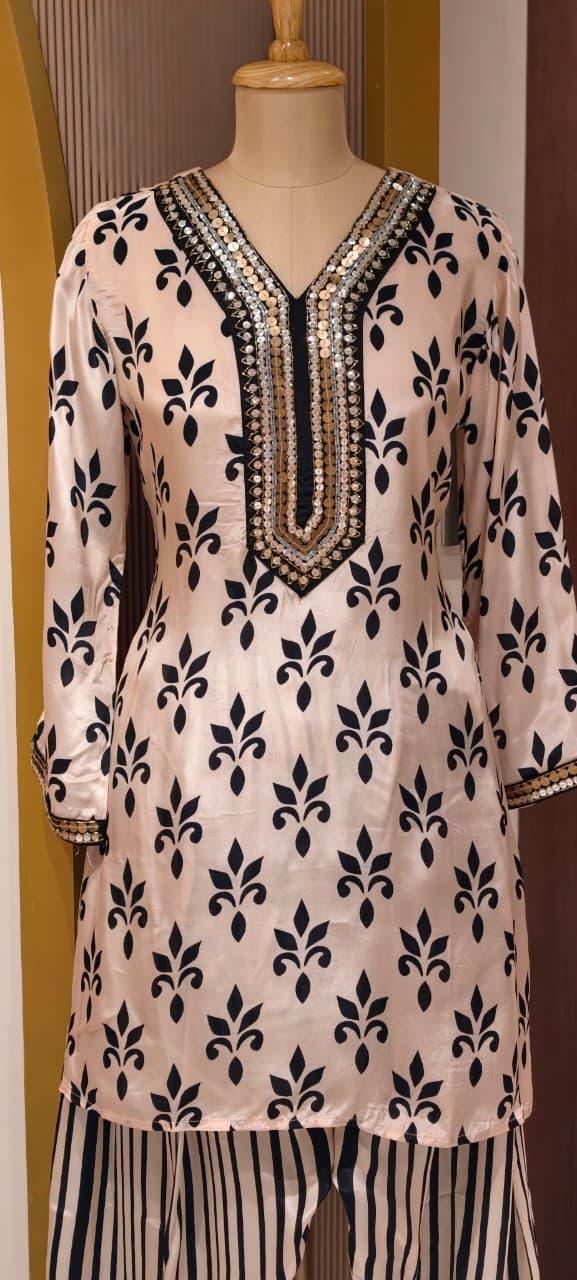 Pure Crepe Placement Print Stylish Neckline Kurta Pant Set- 14321 RB223