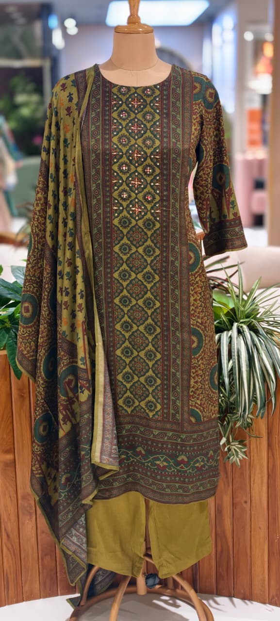 Ajhrak Print Green Forest Inspired Printed Full Suit Set With Dupatta In Dola Silk Fabric-14360 RB232