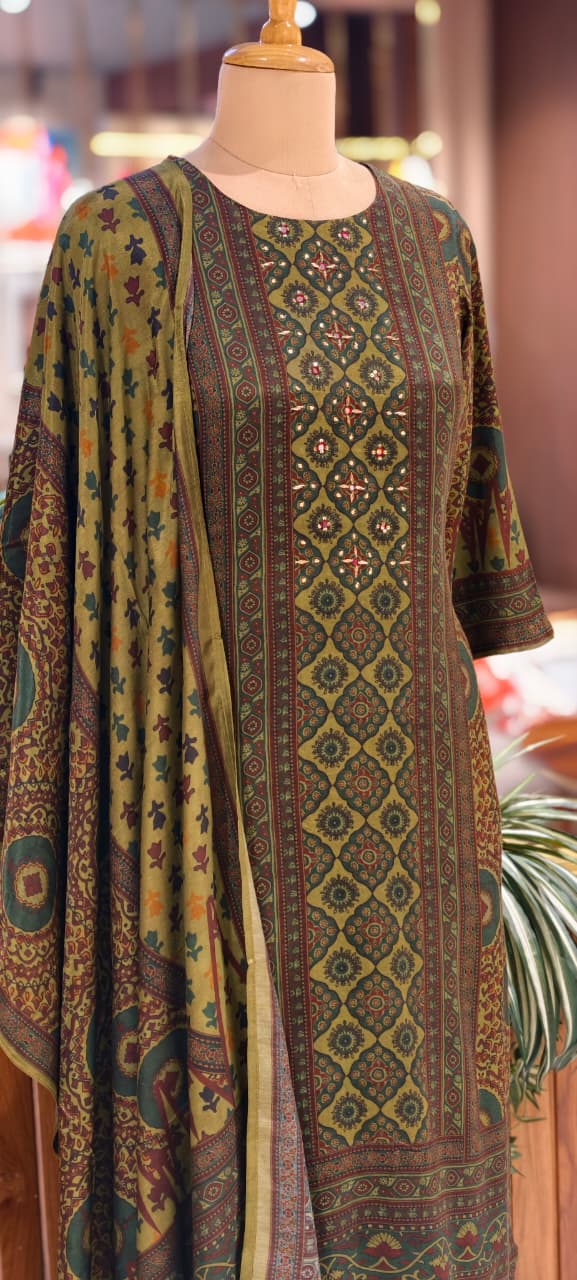 Ajhrak Print Green Forest Inspired Printed Full Suit Set With Dupatta In Dola Silk Fabric-14360 RB232