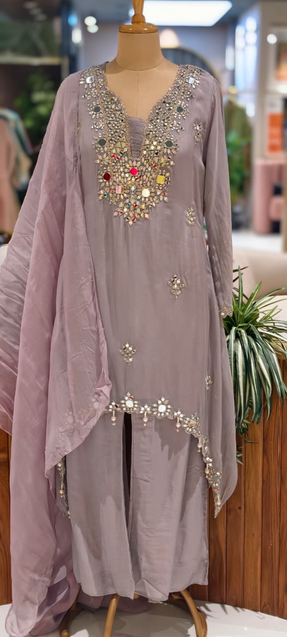 Real Mirror Handwork Heavy Designer Look Full Suit Set With Dupatta & Palazzo Bottom-14241 RB219