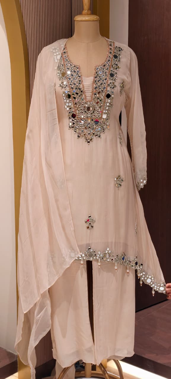 Real Mirror Handwork Heavy Designer Look Full Suit Set With Dupatta & Palazzo Bottom-14241 RB219