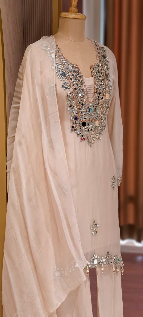 Real Mirror Handwork Heavy Designer Look Full Suit Set With Dupatta & Palazzo Bottom-14241 RB219