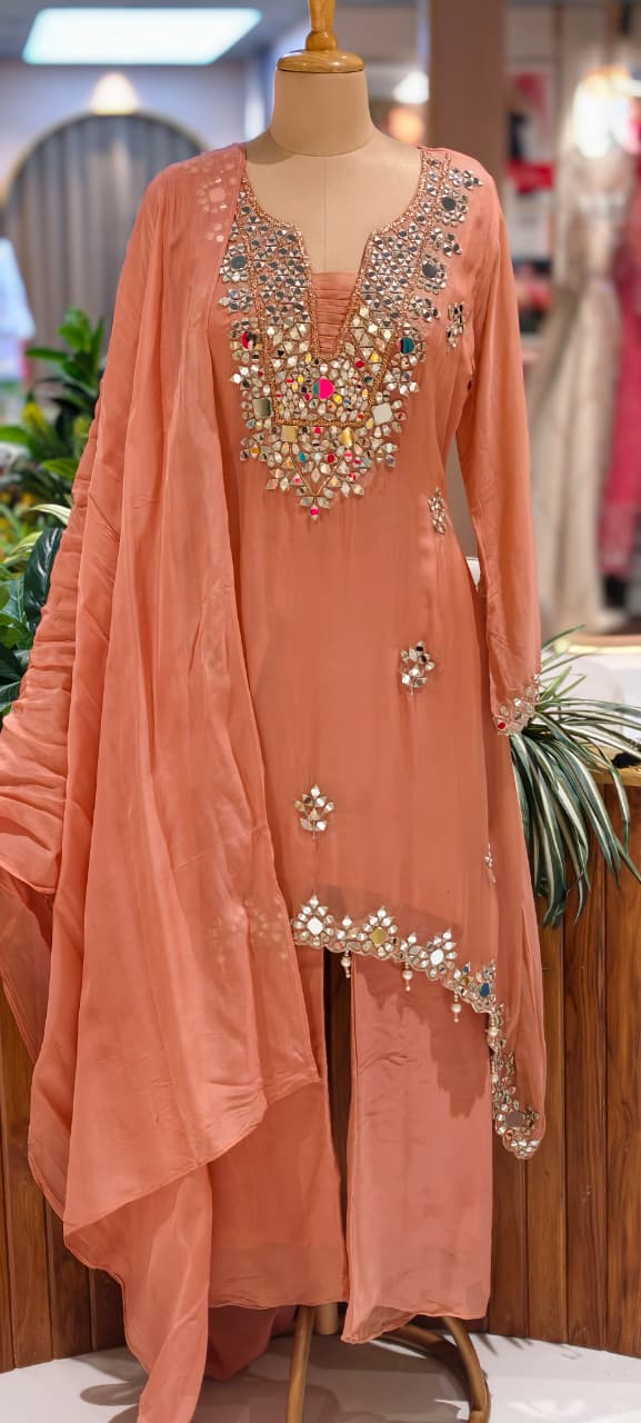Real Mirror Handwork Heavy Designer Look Full Suit Set With Dupatta & Palazzo Bottom-14241 RB219
