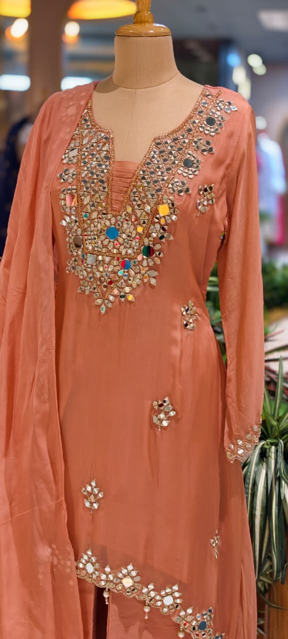 Real Mirror Handwork Heavy Designer Look Full Suit Set With Dupatta & Palazzo Bottom-14241 RB219
