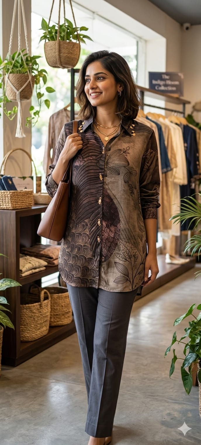 Classy Print Stunning Casual Crepe Shirt With Stylish Button & Coin Tassel-14381,87,82 RB244