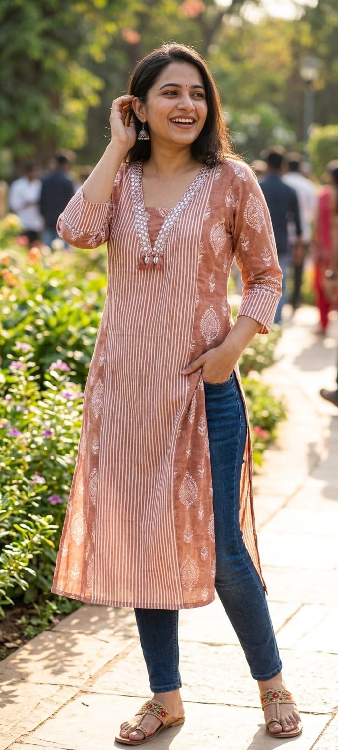 Linear Stripe & Printed Unique Glass Neck Line Tasseled Cotton Kurti Only-14273 RB241