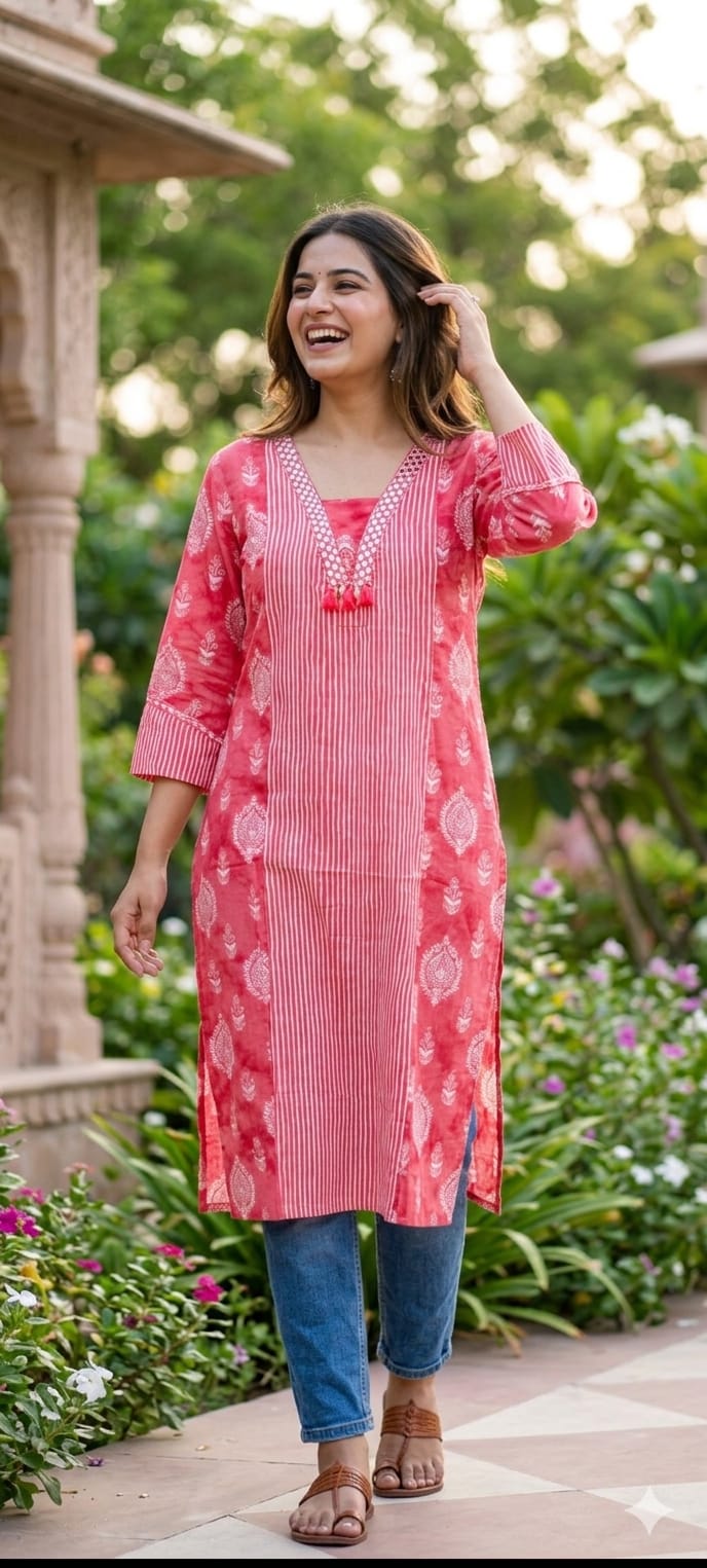 Linear Stripe & Printed Unique Glass Neck Line Tasseled Cotton Kurti Only-14273 RB241