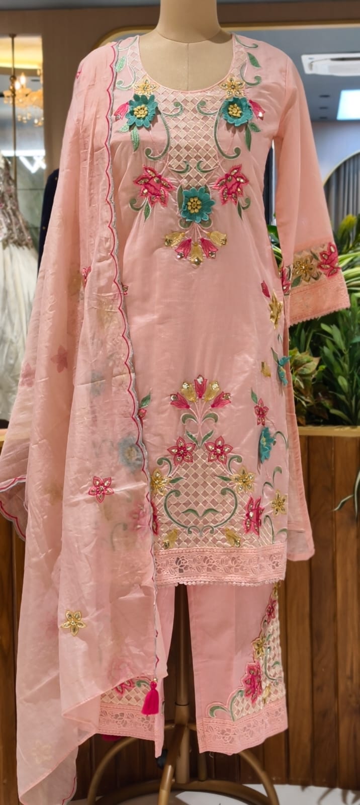 3D Floral Intricate Embroidery Detailing Surat Mul Chanderi Full Suit Set With Dupatta-14330 RB262