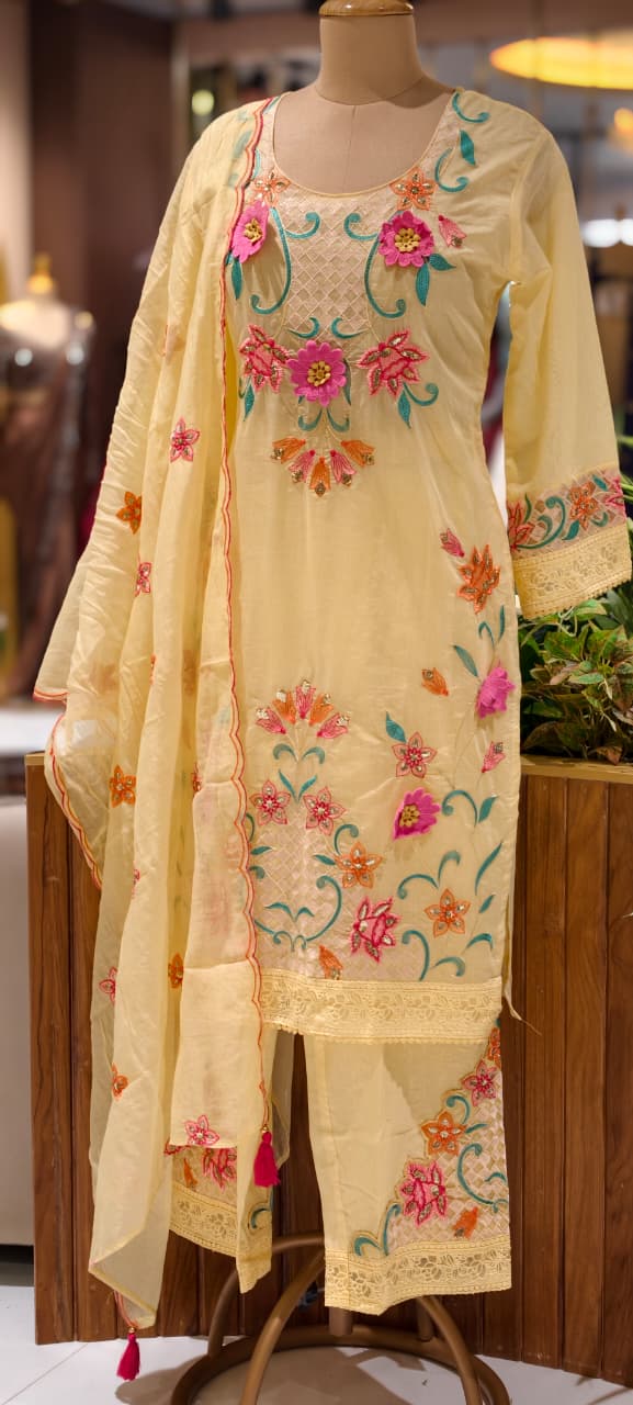 3D Floral Intricate Embroidery Detailing Surat Mul Chanderi Full Suit Set With Dupatta-14330 RB262