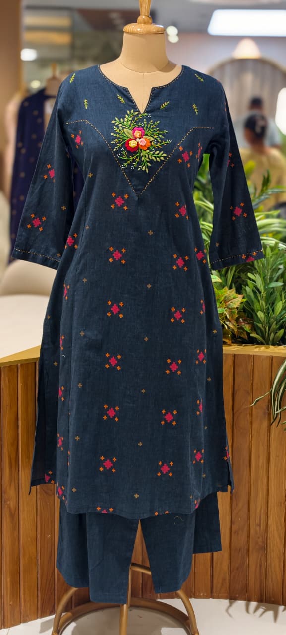 Handloom Cotton Handcrafted Floral Yoke, Subtle Motif Detailing Kurta With Straight Fit Pant- 14410 RB257