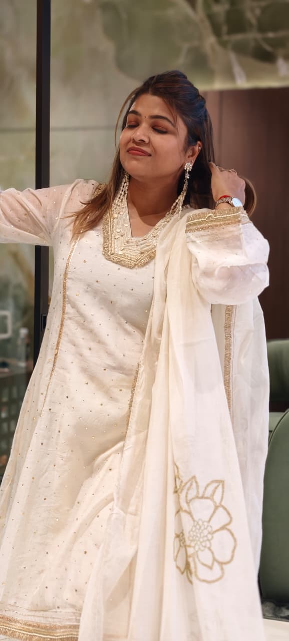 Ivory Golden Intricate Zari Embroidery Premium A-Line Full Suit Set with Separate Inner & Elegant Organza Dupatta- 14291 RB259
