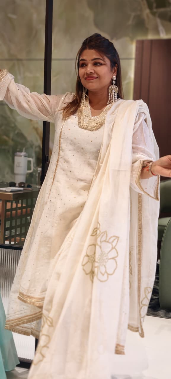 Ivory Golden Intricate Zari Embroidery Premium A-Line Full Suit Set with Separate Inner & Elegant Organza Dupatta- 14291 RB259