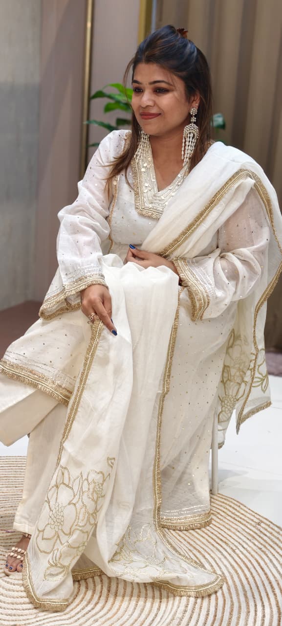 Ivory Golden Intricate Zari Embroidery Premium A-Line Full Suit Set with Separate Inner & Elegant Organza Dupatta- 14291 RB259