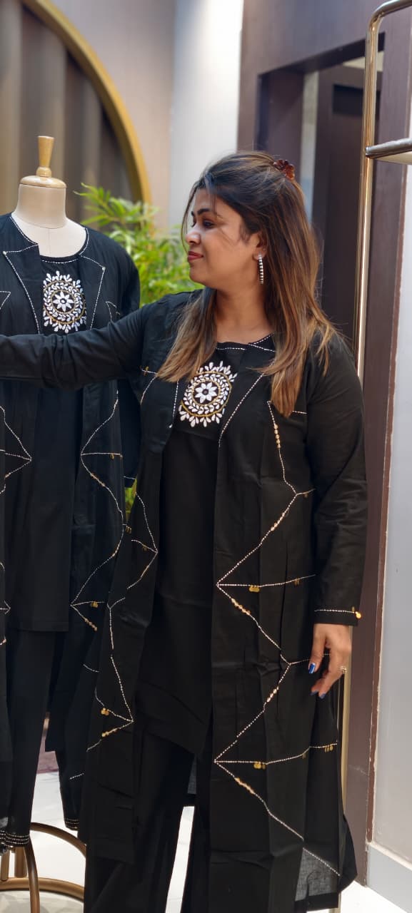 Handloom Cotton Layered Kurta Pant Set with Embroidered Inner, Handcrafted Stitch Detailing & Statement Overlay Detechable Jacket- 14409 RB256