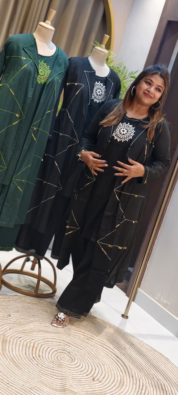 Handloom Cotton Layered Kurta Pant Set with Embroidered Inner, Handcrafted Stitch Detailing & Statement Overlay Detechable Jacket- 14409 RB256
