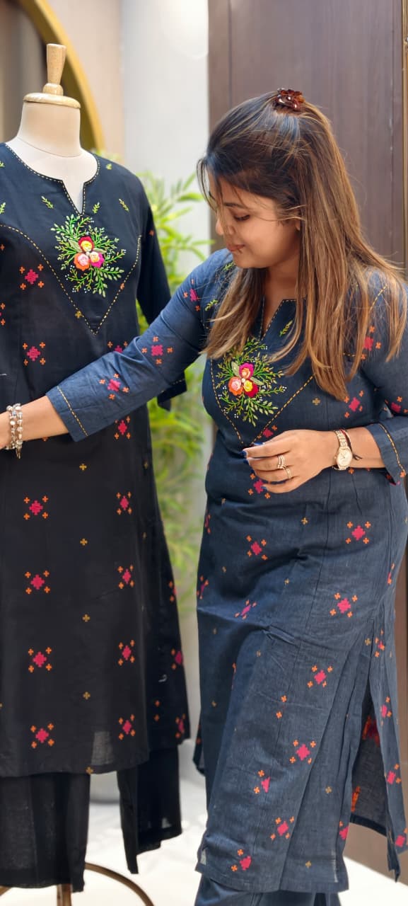 Handloom Cotton Handcrafted Floral Yoke, Subtle Motif Detailing Kurta With Straight Fit Pant- 14410 RB257