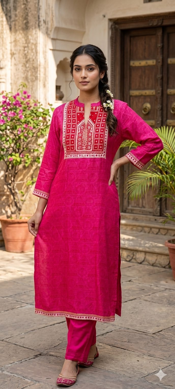Minimal Printed Yoke Borders Outline Muslin Kurta Pant Set- 14257 RB318
