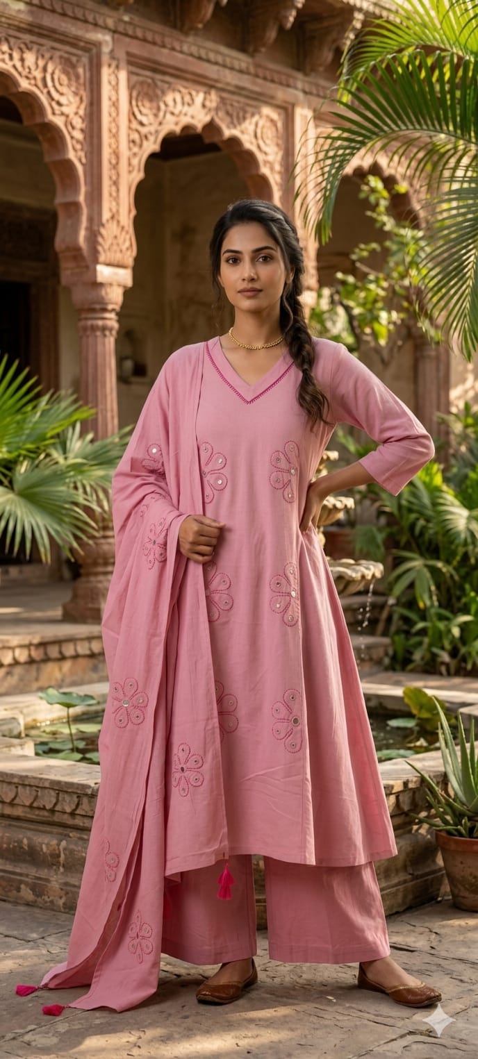 Half Phased Flower Patch Cotton A-Line Full Suit Set With Dupatta- 14415 RB326