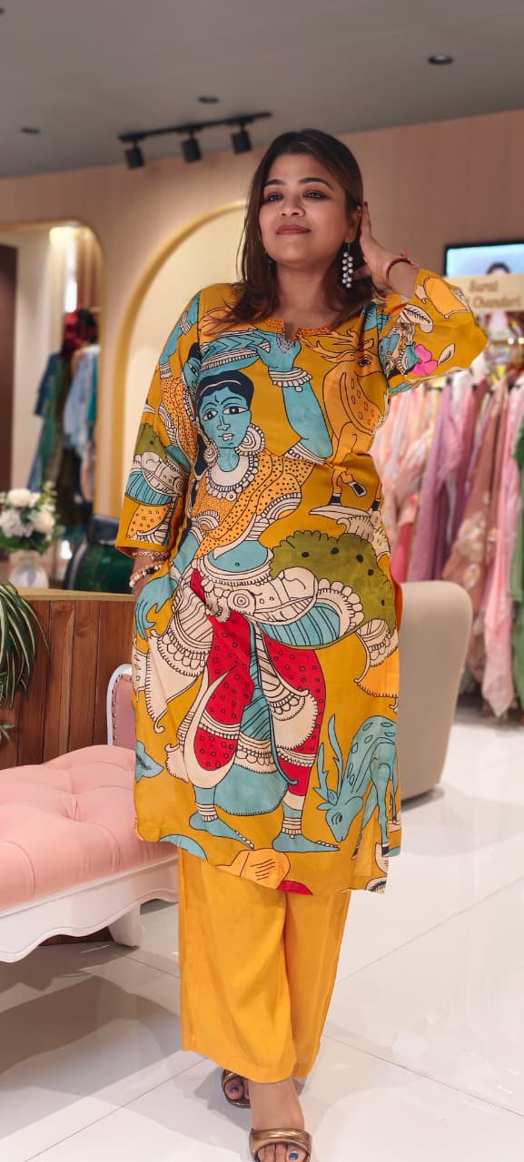Folk-Art Kalamkari Muse Digital Printed Narrative Muslin Kurta Pant Set- 14437 RB288