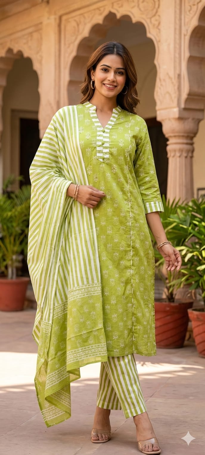 Elegant Handloom Cotton Striped Bottom & Dupatta With Floral Printed Full Suit-14504 RB294