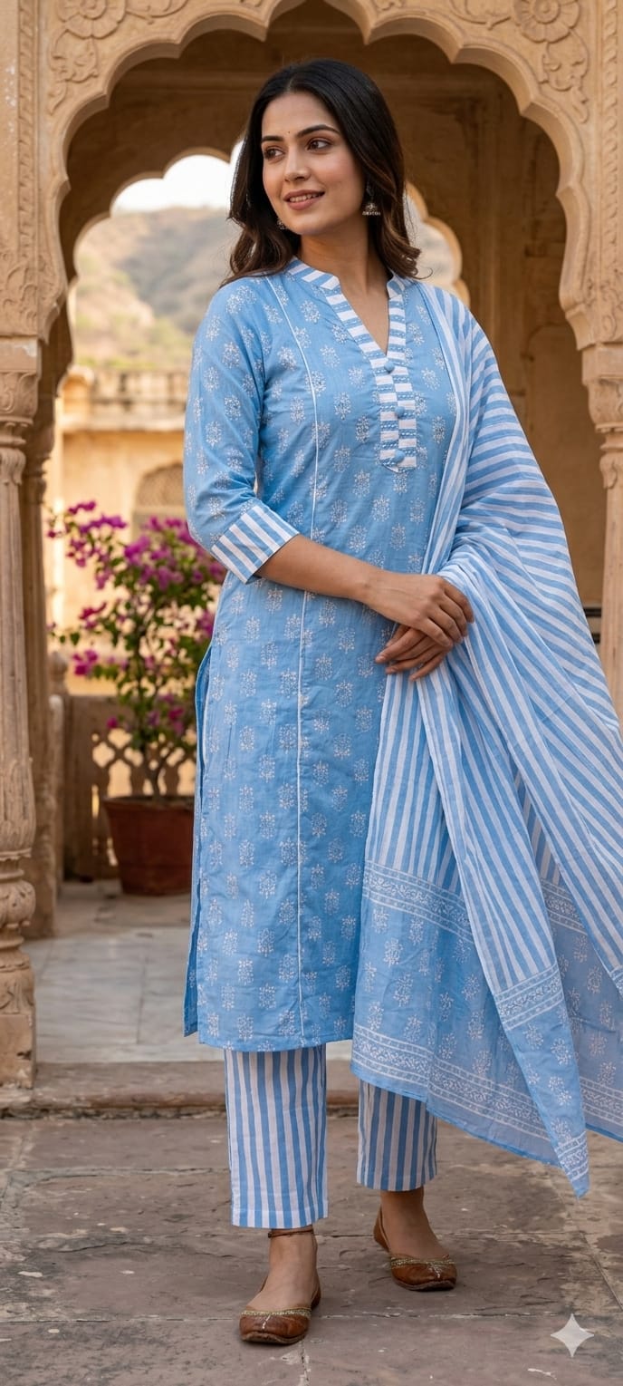 Elegant Handloom Cotton Striped Bottom & Dupatta With Floral Printed Full Suit-14504 RB294