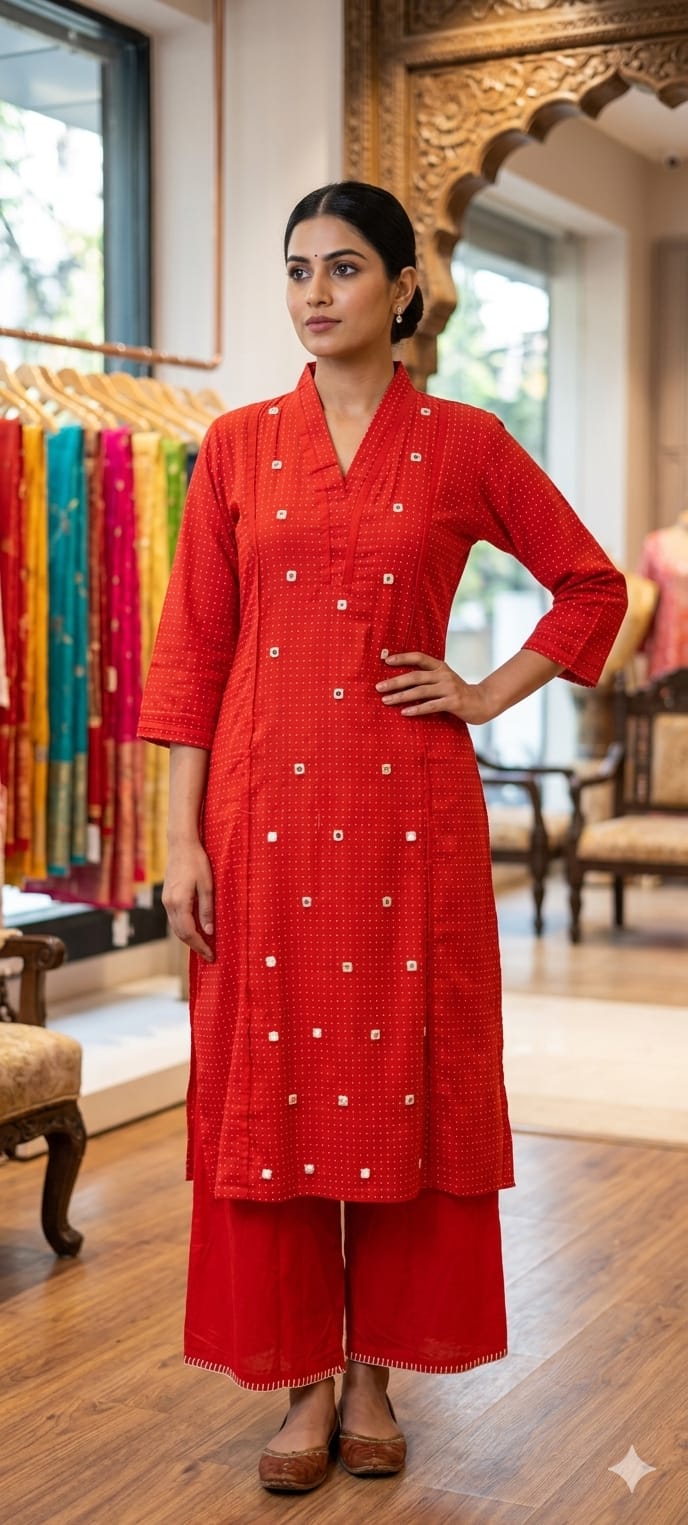 Tiny Polka Dots With Real Mirror Scattered Placement Work A-Line Cotton Kurta Pant Set- 14414 RB291