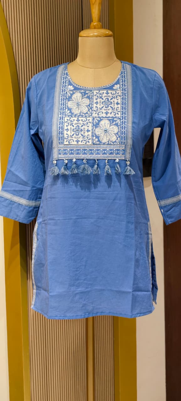 Solid Shade Tassel Accent Embroidered Yoke Cotton Short Kurti Only- 14510 RB302
