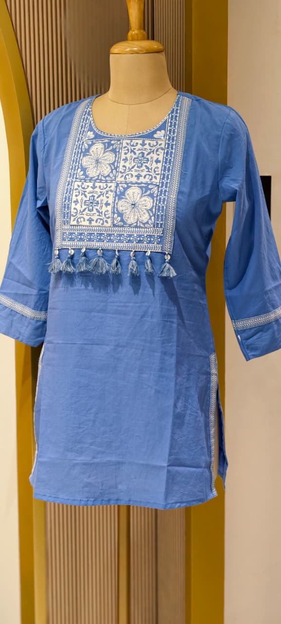 Solid Shade Tassel Accent Embroidered Yoke Cotton Short Kurti Only- 14510 RB302