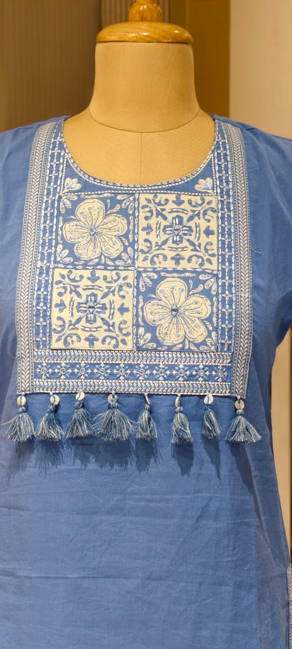 Solid Shade Tassel Accent Embroidered Yoke Cotton Short Kurti Only- 14510 RB302