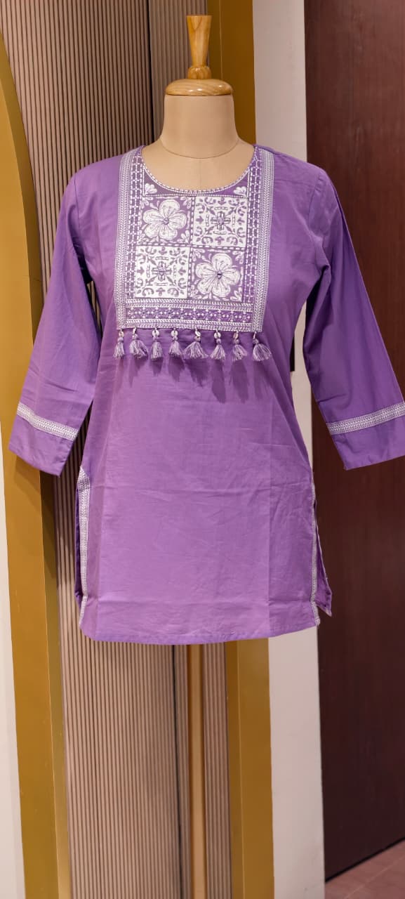 Solid Shade Tassel Accent Embroidered Yoke Cotton Short Kurti Only- 14510 RB302