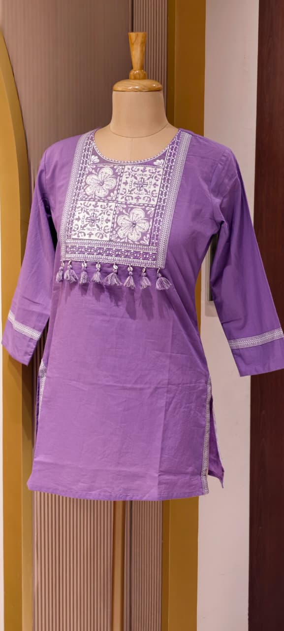 Solid Shade Tassel Accent Embroidered Yoke Cotton Short Kurti Only- 14510 RB302