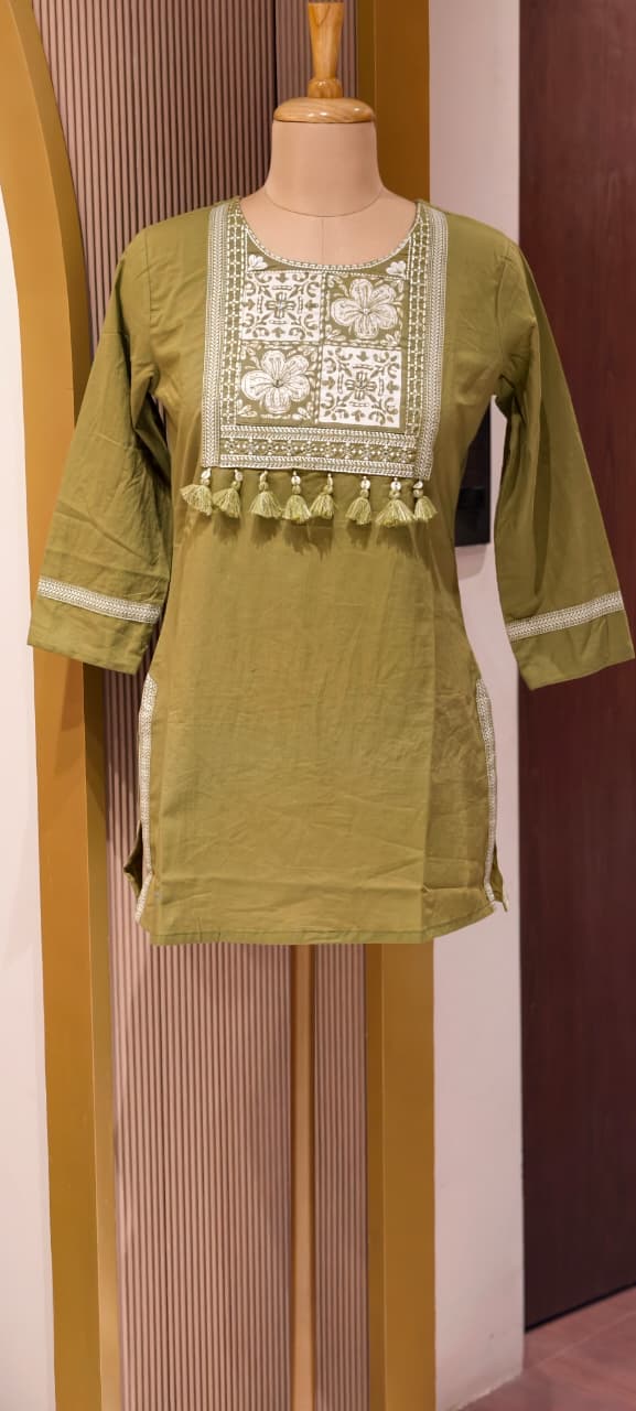 Solid Shade Tassel Accent Embroidered Yoke Cotton Short Kurti Only- 14510 RB302