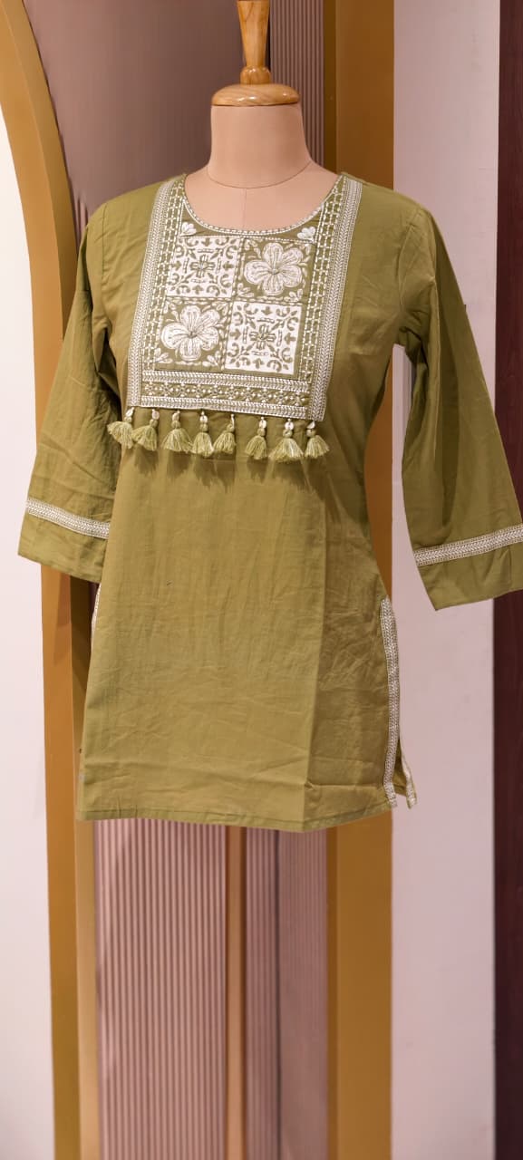 Solid Shade Tassel Accent Embroidered Yoke Cotton Short Kurti Only- 14510 RB302