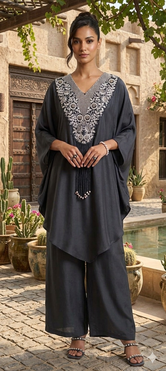 Chic Dark Shaded Embroidered Kaftan Tunic with Beaded Tassels & Bottom- 14518 RB316