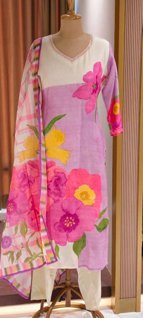 Digital Floral Printed Cut-Dana Neckline Multicolor Linen Full Suit Set With Mul Cotton Dupatta- 14213 RB325
