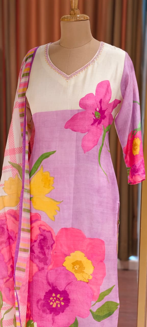 Digital Floral Printed Cut-Dana Neckline Multicolor Linen Full Suit Set With Mul Cotton Dupatta- 14213 RB325