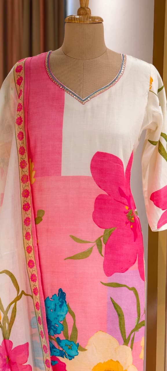 Digital Floral Printed Cut-Dana Neckline Multicolor Linen Full Suit Set With Mul Cotton Dupatta- 14213 RB325