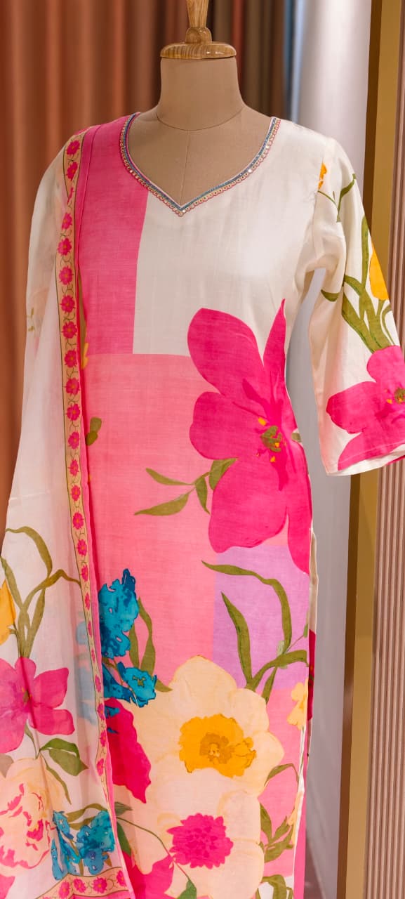 Digital Floral Printed Cut-Dana Neckline Multicolor Linen Full Suit Set With Mul Cotton Dupatta- 14213 RB325