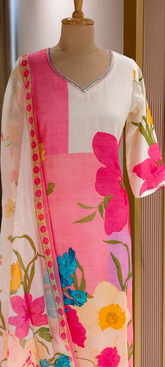 Digital Floral Printed Cut-Dana Neckline Multicolor Linen Full Suit Set With Mul Cotton Dupatta- 14213 RB325