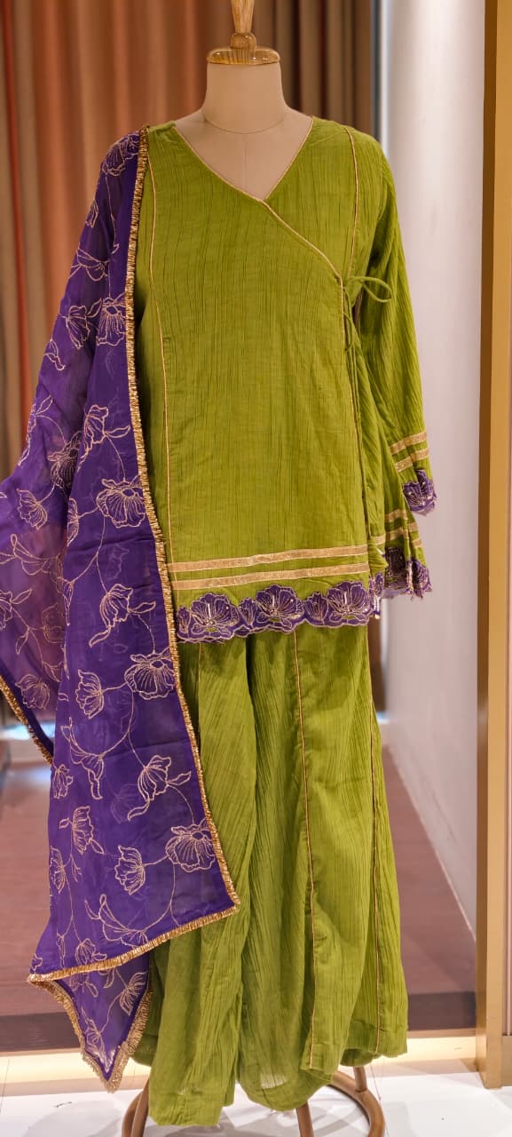 Angrakha Style Premium Olive Green Kurta Palazzo Set with Embroidered Hem & Contrast Purple Dupatta-14217 RB321
