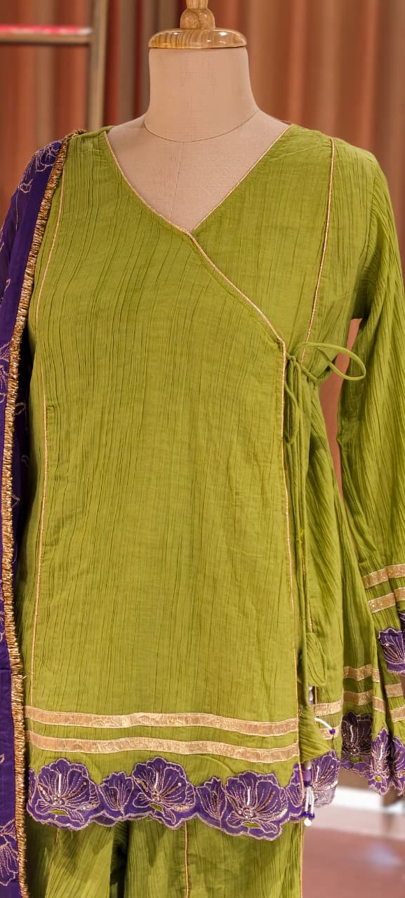 Angrakha Style Premium Olive Green Kurta Palazzo Set with Embroidered Hem & Contrast Purple Dupatta-14217 RB321