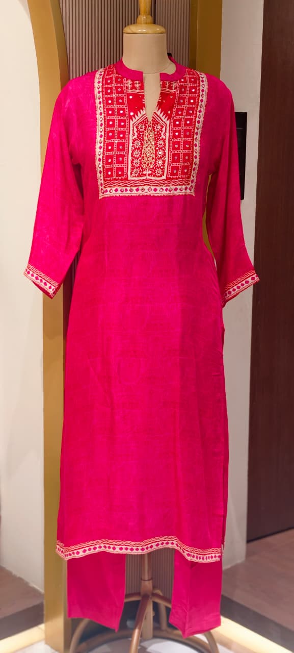 Minimal Printed Yoke Borders Outline Muslin Kurta Pant Set- 14257 RB318