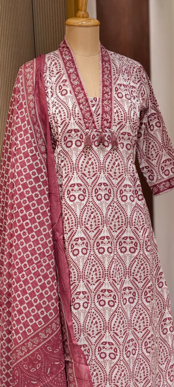 Upside Down Handblock Print V-Neck Tassel Accent A-Line Cotton Full Suit Set With Dupatta- 14301 RB324