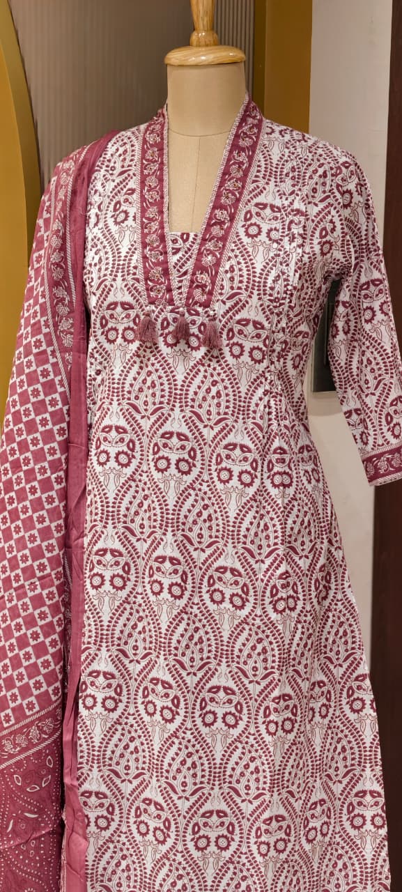 Upside Down Handblock Print V-Neck Tassel Accent A-Line Cotton Full Suit Set With Dupatta- 14301 RB324