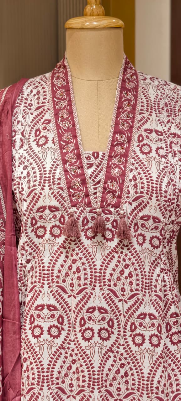 Upside Down Handblock Print V-Neck Tassel Accent A-Line Cotton Full Suit Set With Dupatta- 14301 RB324