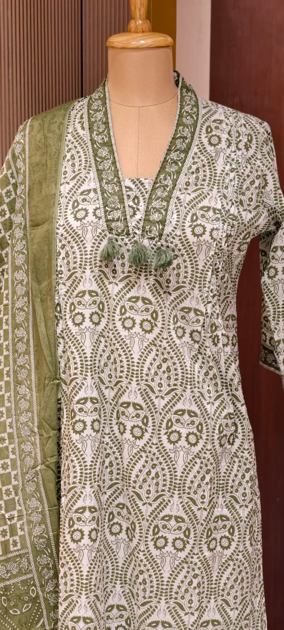 Upside Down Handblock Print V-Neck Tassel Accent A-Line Cotton Full Suit Set With Dupatta- 14301 RB324