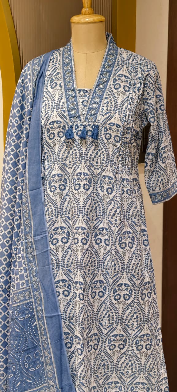 Upside Down Handblock Print V-Neck Tassel Accent A-Line Cotton Full Suit Set With Dupatta- 14301 RB324