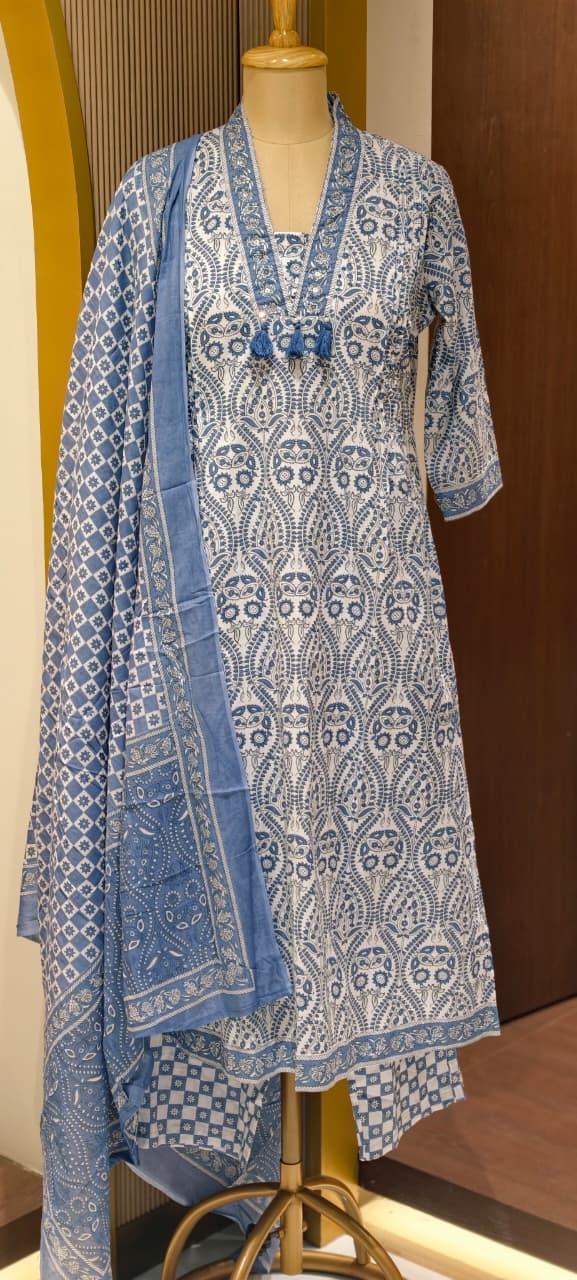 Upside Down Handblock Print V-Neck Tassel Accent A-Line Cotton Full Suit Set With Dupatta- 14301 RB324
