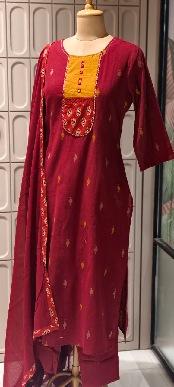 Ethnic Abstract Print U-Yoke Multicolor Cotton Full Suit Set With Printed Dupatta(Lean Fit)- 14355 RB327